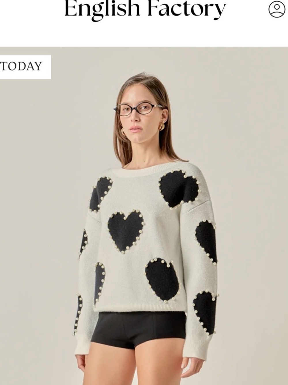 English Factory Cream Crewneck Sweater with Black Heart Appliqués